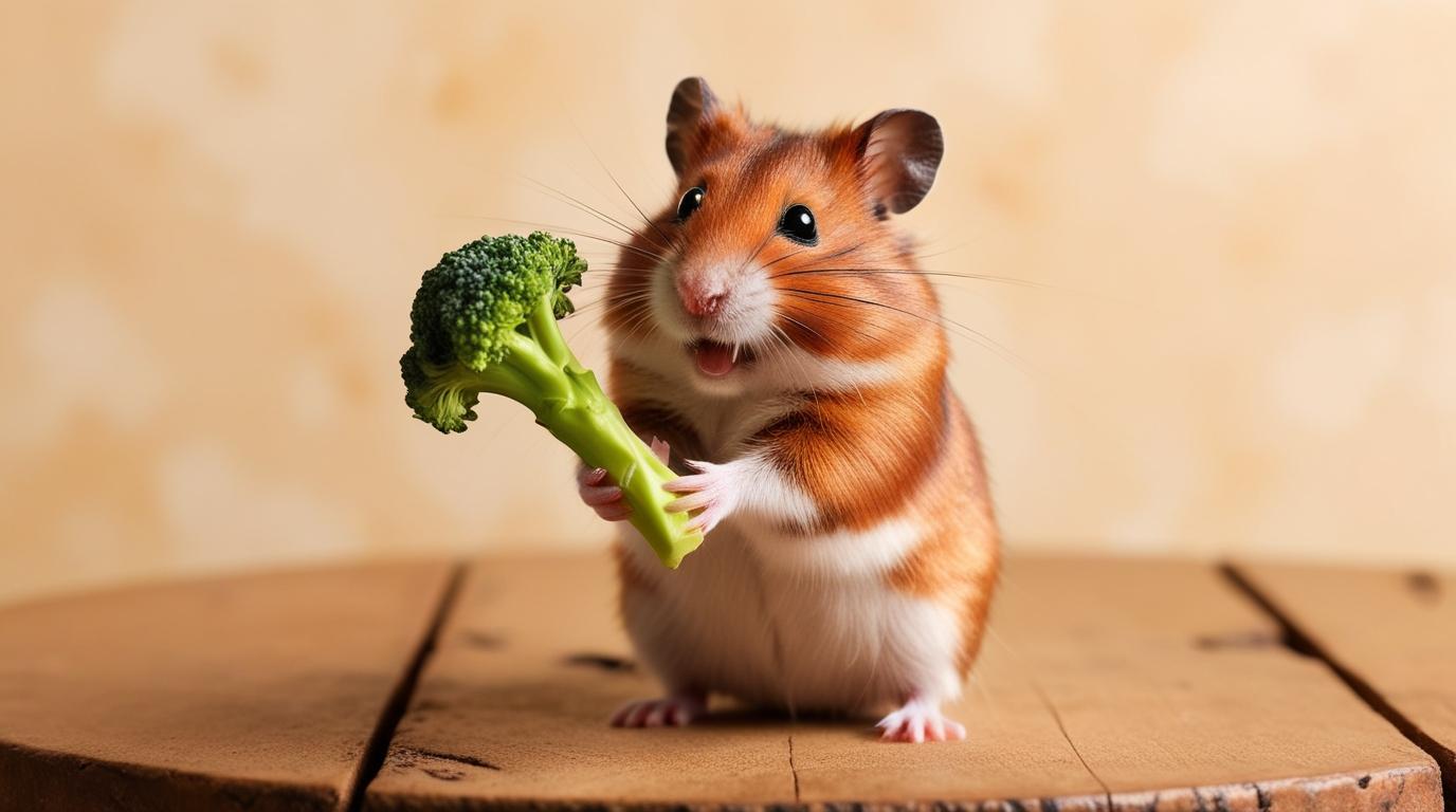 Hamster happily munching on a healthy broccoli floret